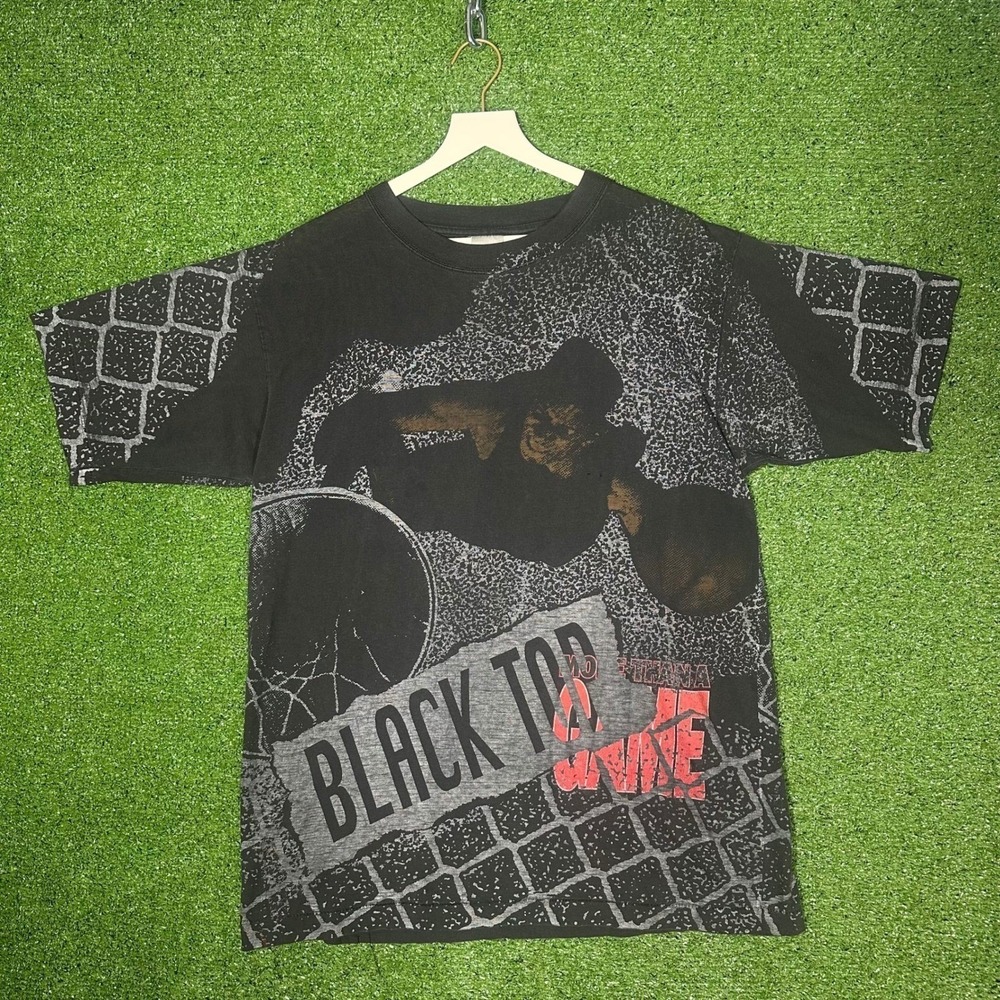 Vintage Reebok Blacktop All Over Print Basketball T-Shirt Mens Large Black‎ 90s